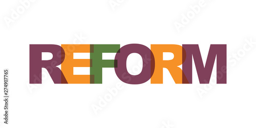 Reform business card text. Modern lettering poster. Color word art slogan icon. Phrases vector print design elements.