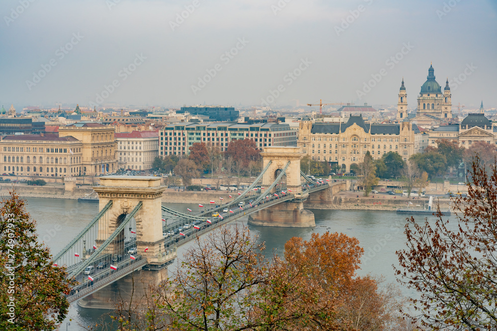 Afternoon aerial view of the famous Széchenyi Chain Bridge