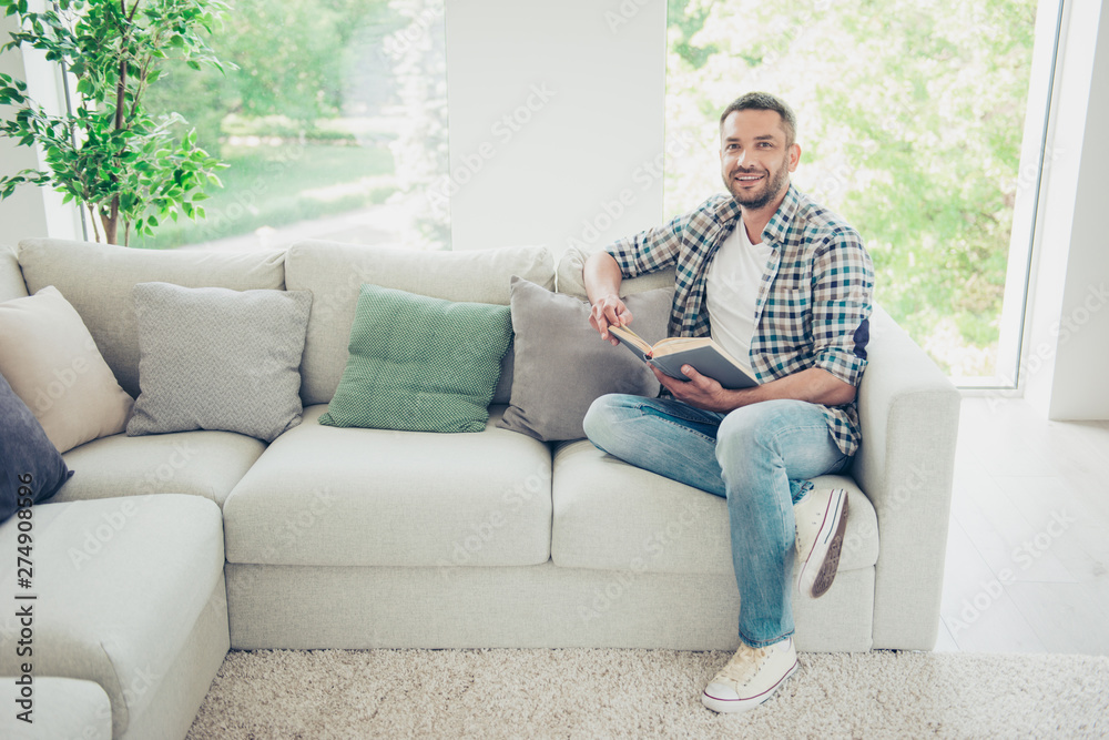 Portrait of handsome charming man expert sit library divan have studies inspired feel cheerful content hold hand bearded plaid modern denim jeans big room apartment