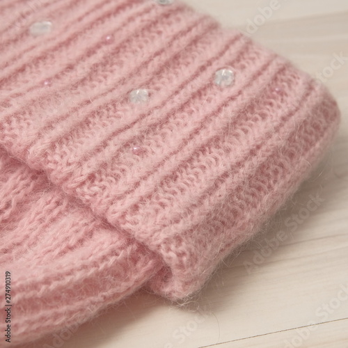 Close shot of cold weather winter handmade knitting clothes
