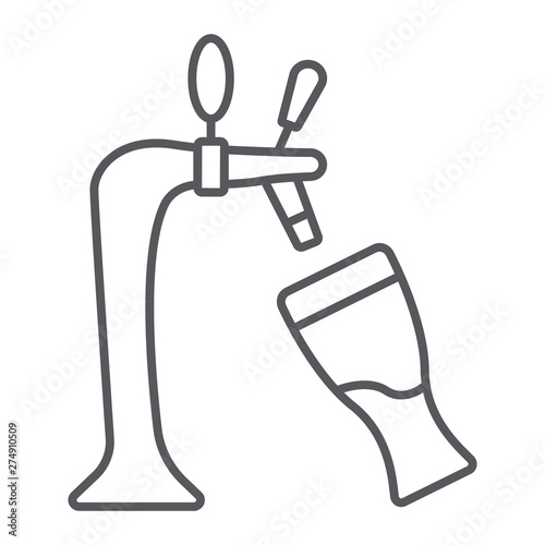 Draft beer thin line icon, alcohol and drink, tap and glass of beer sign, vector graphics, a linear pattern on a white background.
