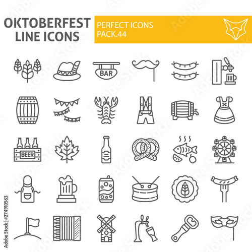 Oktoberfest line icon set, bavarian holiday symbols collection, vector sketches, logo illustrations, beer signs linear pictograms package isolated on white background.