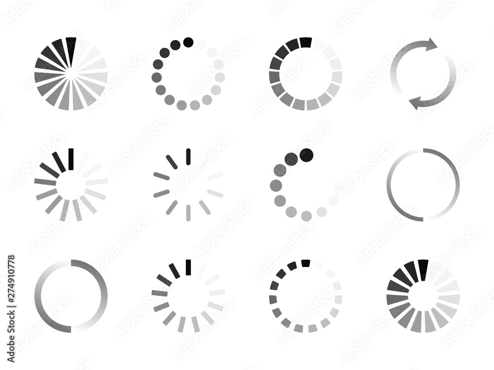 Super set different load icon. Circle website buffer loader or preloader. Download or upload status icon Super set different load icon. Circle website buffer loader or preloader. Download or upload status icon