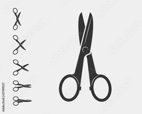 Set scissor icon. Scissors vector design element or logo template. Black and white silhouette isolated.