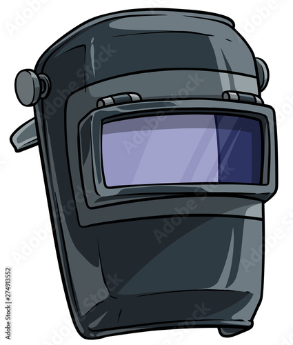 Cartoon gray metal welding mask with clear glass visor. Isolated on white background. Vector icon.