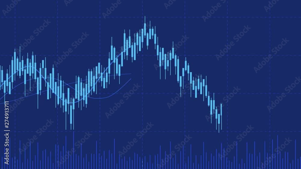 Pan shot of abstract financial chart with moving line graph and candlestick on dark blue color background Pan shot of abstract financial chart with moving line graph and candlestick on dark blue color background