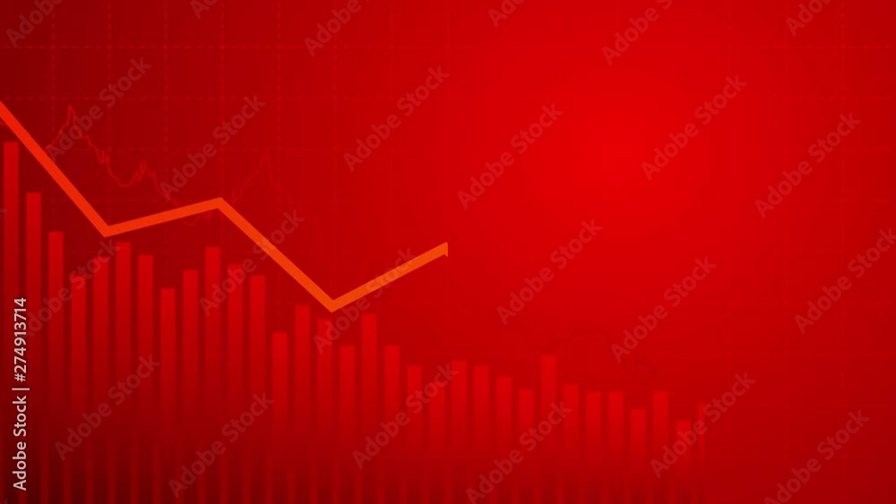 Abstract financial chart with moving downtrend line graph in bearish market on red color background Abstract financial chart with moving downtrend line graph in bearish market on red color background