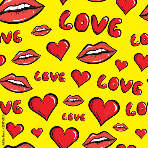 Red lips and heart yellow seamless