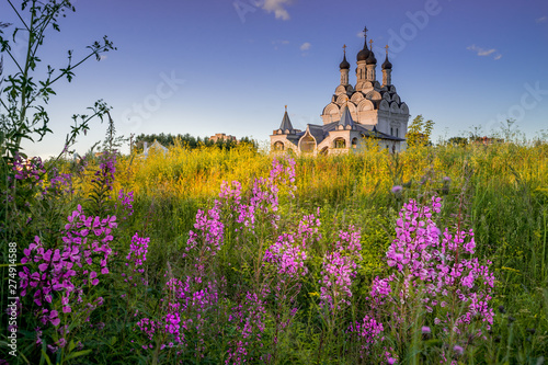 The Church of the Annunciation in Taininskoye with lupins photo