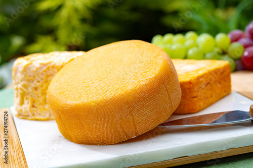 French cheeses collection, yellow Riche de Saveurs and Le peche des bons peres cheeses served on white marble plate outdoor in green garden photo