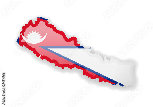 Nepal flag and outline of the country on a white background.