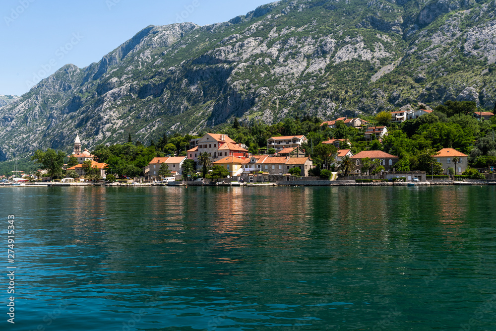 Fragment of the Bay of Kotor with houses on shore, Montenegro
