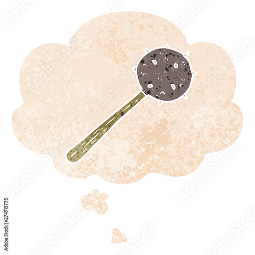 cartoon mace and thought bubble in retro textured style
