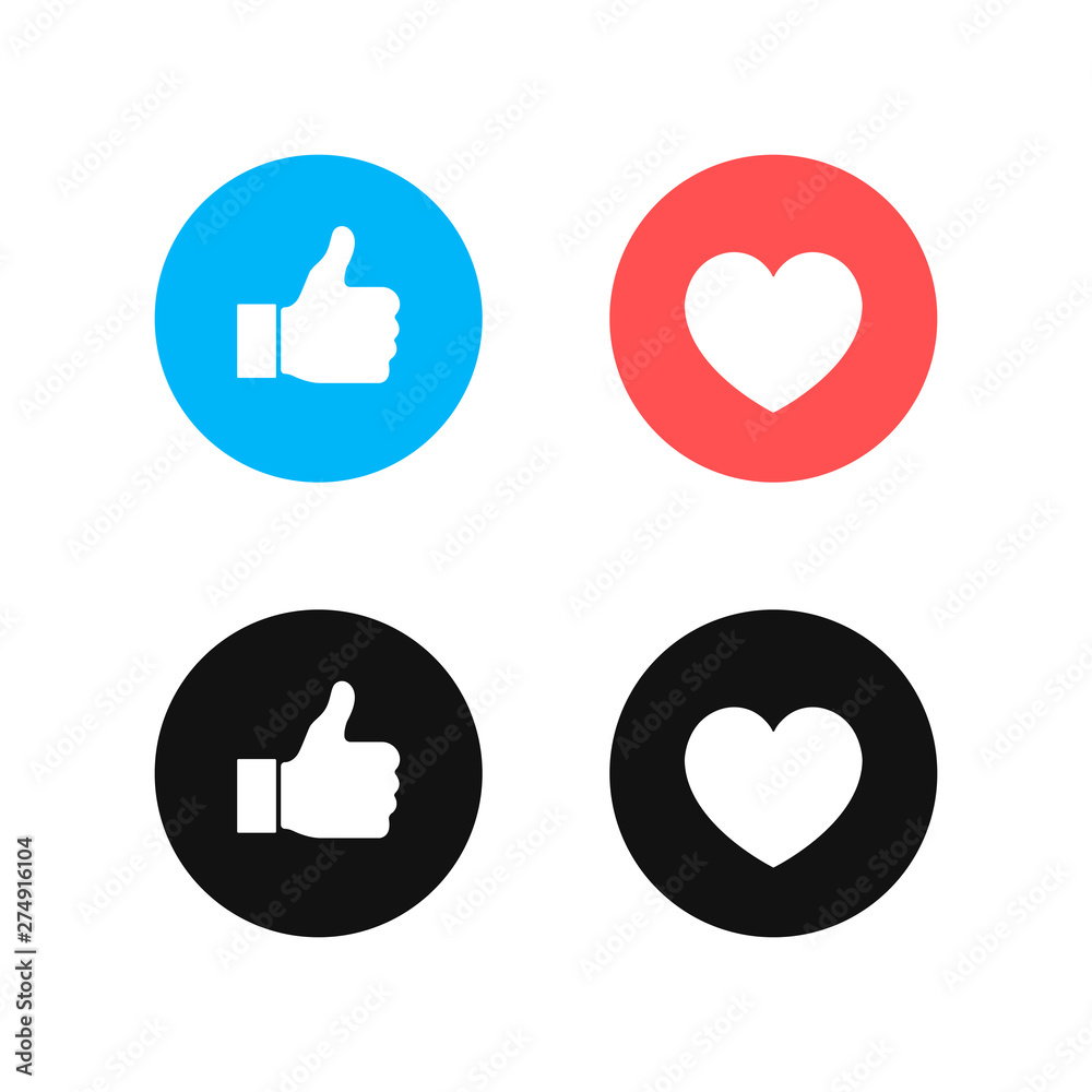 Thumbs up and heart icon on a white background. Modern flat style vector illustration Thumbs up and heart icon on a white background. Modern flat style vector illustration