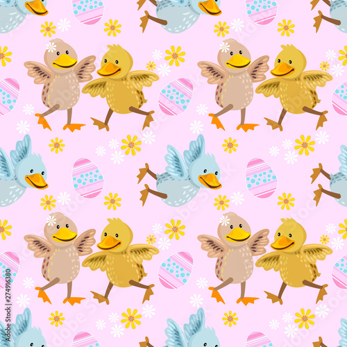 Cute colorful duckling seamless pattern.
