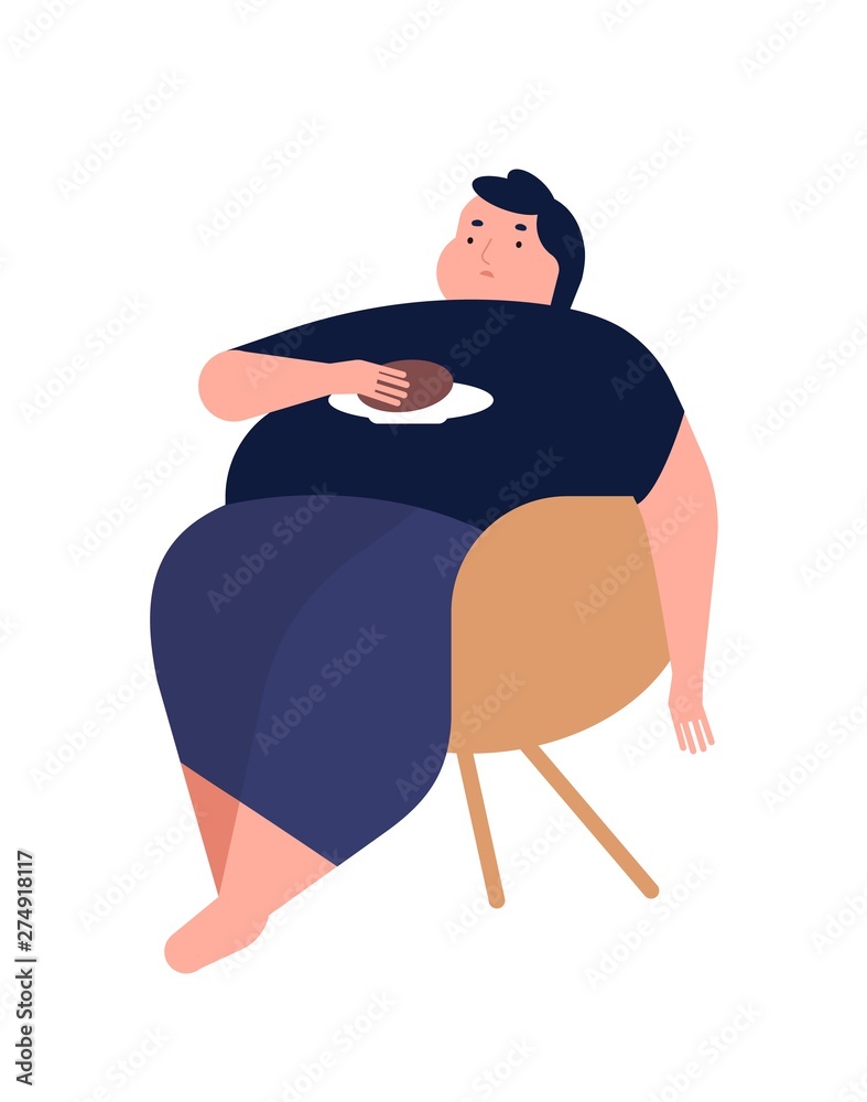 Obese young man. Fat boy sitting on chair. Concept of obesity, binge eating  disorder, food addiction. Mental illness, behavioral problem, psychiatric  condition. Flat cartoon vector illustration. Stock Vector | Adobe Stock