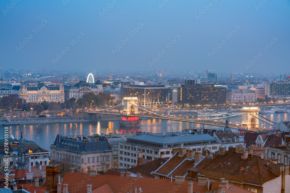 Night aerial view of Budapest cityscape