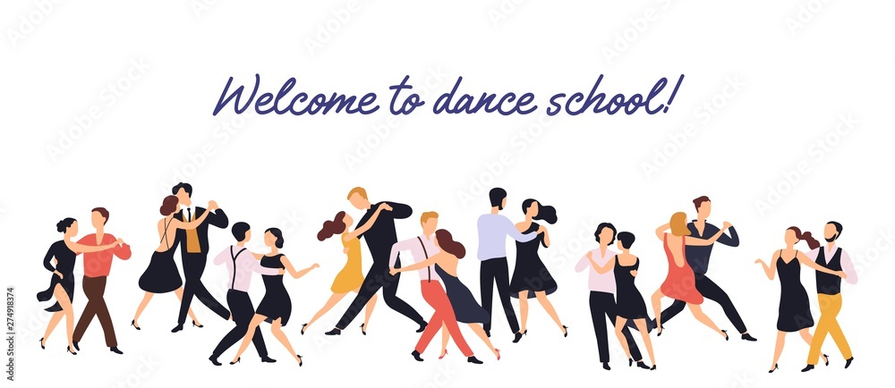 Horizontal banner or backdrop with pairs of elegant men and women dancing tango on white background. Dance school or choreography studio advertisement. Flat cartoon colorful vector illustration.