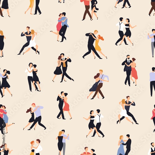 Seamless pattern with people dancing Argentine tango on light background. Backdrop with men and women performing dance. Flat cartoon colorful vector illustration for wrapping paper, textile print.