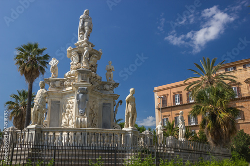 Monument statue of king Charles 5 in front of the historical Norman palace in Palermo Sicily, royal palace historic heritage © AlessioDCAuditore