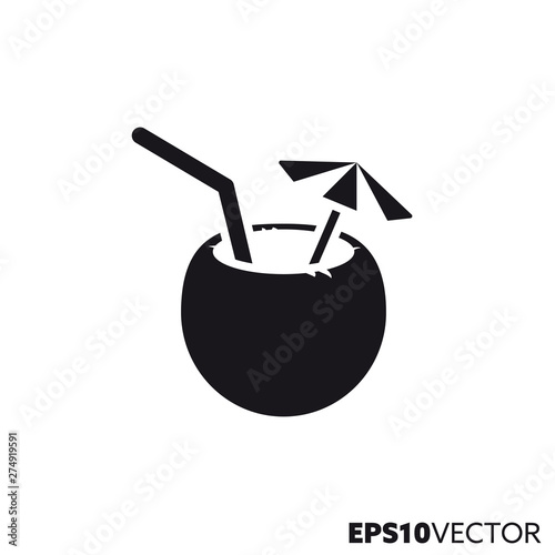 Tropical cocktail in coconut vector glyph icon