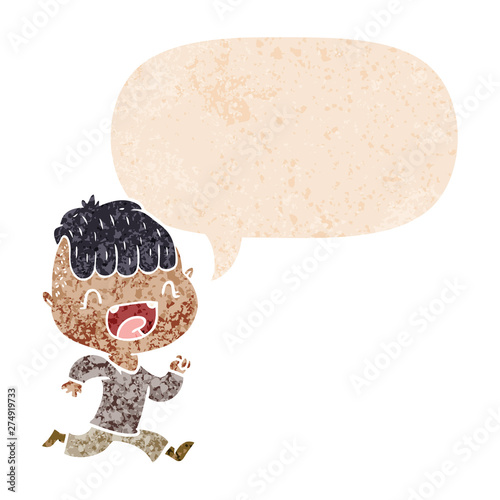 cartoon happy boy laughing and running away and speech bubble in retro textured style