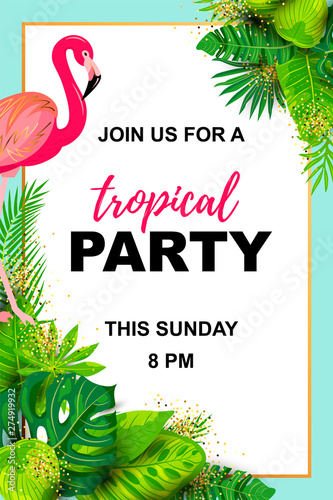 Pink flamingos and exotic palm leaves. Tropical party vector illustration. Place for your text. Seasonal template for vacation, poster, banner, flyer, invitation, pool party.