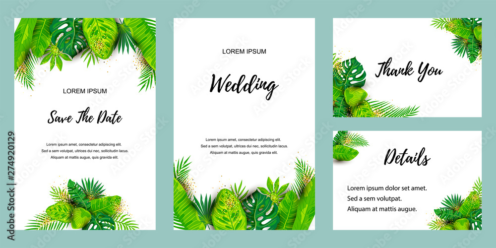 Wedding invitation set with exotic leaves. Vector illustration tropical template. Place for text. Great for flyer, party invitation, ecological concept, wedding. Save the date card.