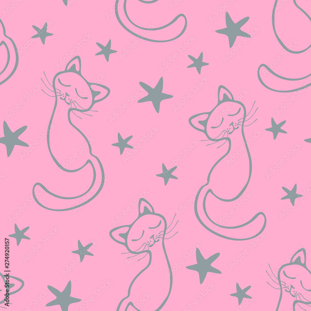 Cute gentle seamless pattern with dreaming cats and stars in cartoon style. Girly baby pink background 