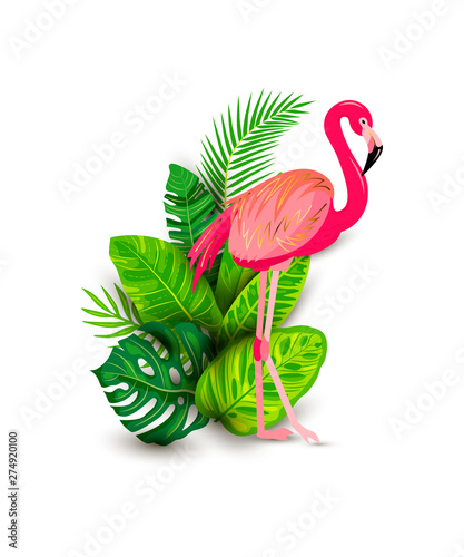 Pink flamingo and tropical leaves vector illustration isolated on white background. Design element for tropical party, t-shirt design, banner, poster, web, invitation.