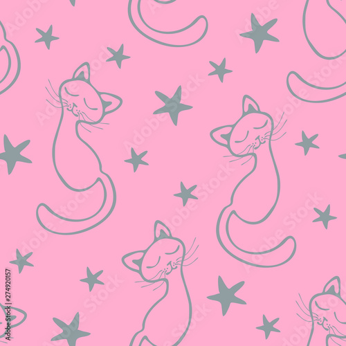 Cute gentle seamless pattern with dreaming cats and stars in cartoon style. Girly baby pink background 