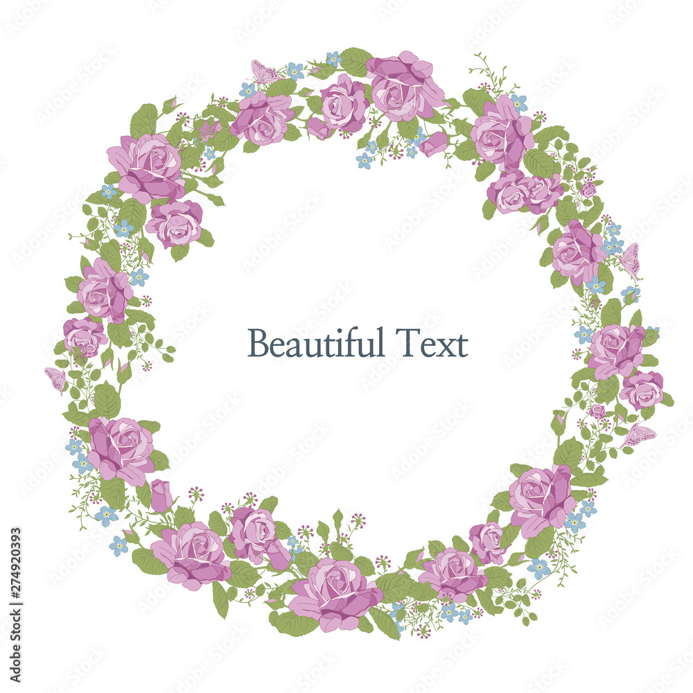 beautiful floral illustration wreath with purple rose flowers and leaves