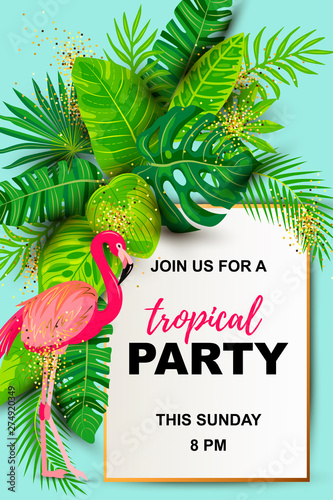 Pink flamingos and exotic palm leaves. Tropical party vector illustration. Place for your text. Seasonal template for vacation, poster, banner, flyer, invitation, pool party.
