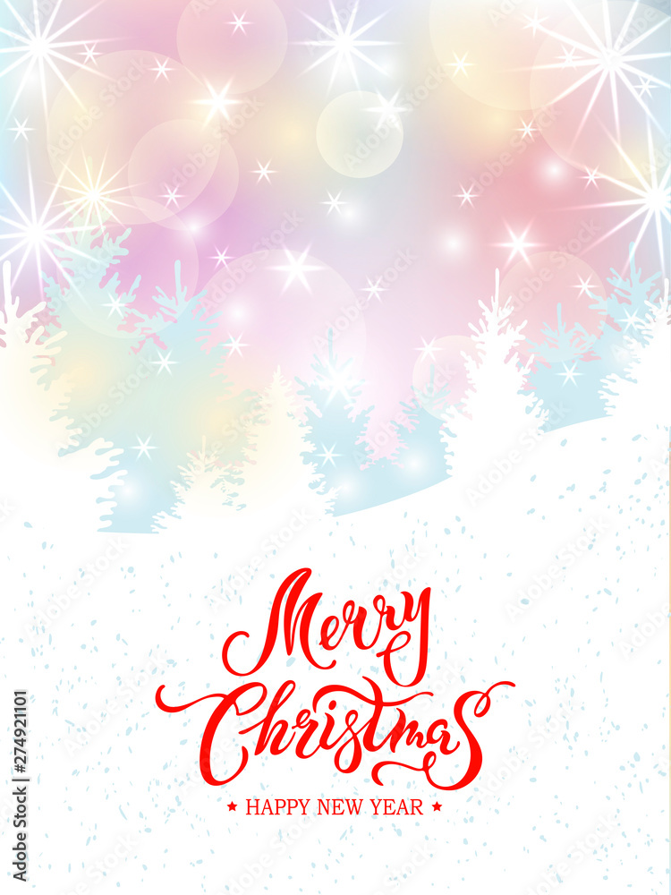 Merry Christmas card with new year trees, glowing lights. Handwritten lettering Merry Christmas. Place for text. Vector illustration for winter holiday, invitation, greeting card, poster, web, banner