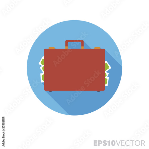 Briefcase full of money flat design long shadow color vector icon