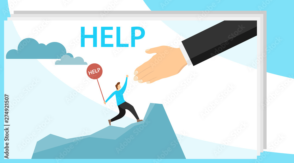 Help vector illustration. Helping hand. Flat tiny emergency assistance person concept. Rescue solution in danger and problematic situation. Social solidarity and voluntary