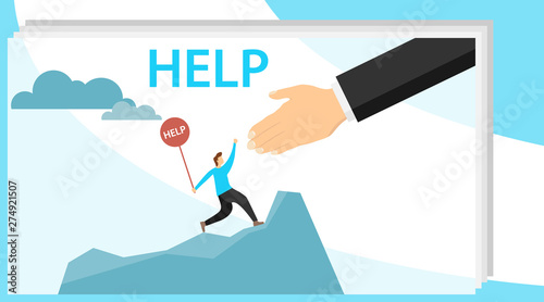 Help vector illustration. Helping hand. Flat tiny emergency assistance person concept. Rescue solution in danger and problematic situation. Social solidarity and voluntary