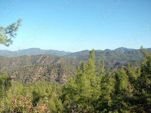 Panorama of low mountain ridges covered by green forest under the rays of autumn sunrise on the background of pure blue sky.