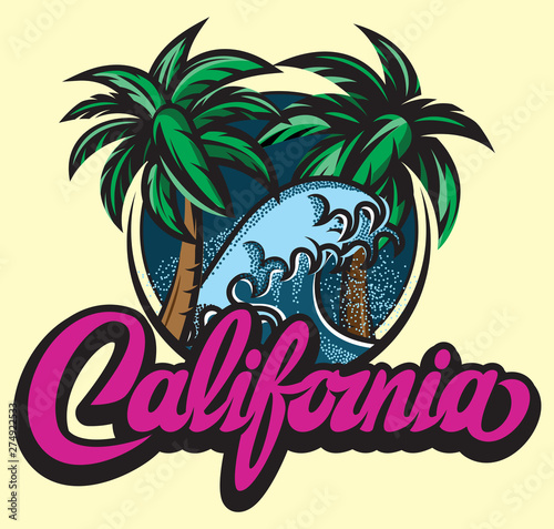 Illustration with calligraphic lettering California and palm trees