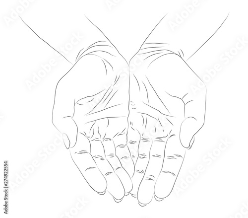 Hope concept. Hand drawn open palms Black and white vintage hands. Vintage figure. Linear graphic design.