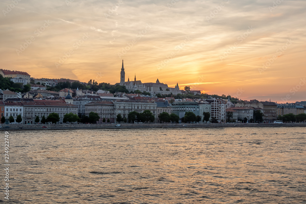 View of Budapest sunset from famous Chain bridge, Hungary