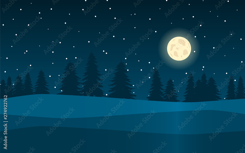 Night landscape. Forest, moon and stars.