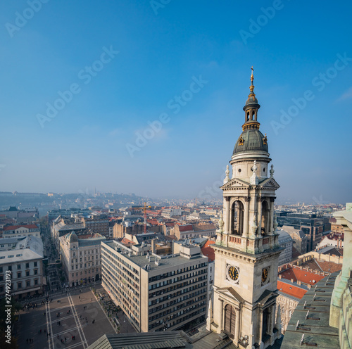 Tower of the St. Stephen's Basilica and aerial cityscape © Kit Leong