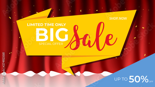 Sale banner template. Origami with Red Curtain background.  discount promotion layout concept.