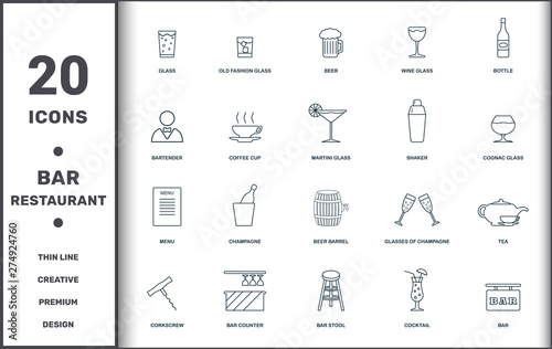 Bar And Restaurant icons set collection. Includes creative elements such as Glass, Whiskey Glass, Beer, Wine Glass, Bottle Of Wine, Champagne and Beer Barrel premium icons