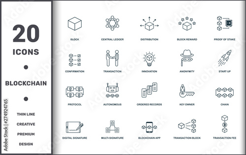 Blockchain set icons collection. Includes simple elements such as Block, Central Ledger, Distribution, Block Reward, Proof Of Stake, Autonomous and Ordered Records premium icons