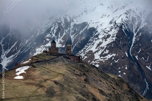 Gergeti Trinity Church in Georgia in Early Spring 2019 - with snow as the backdrop