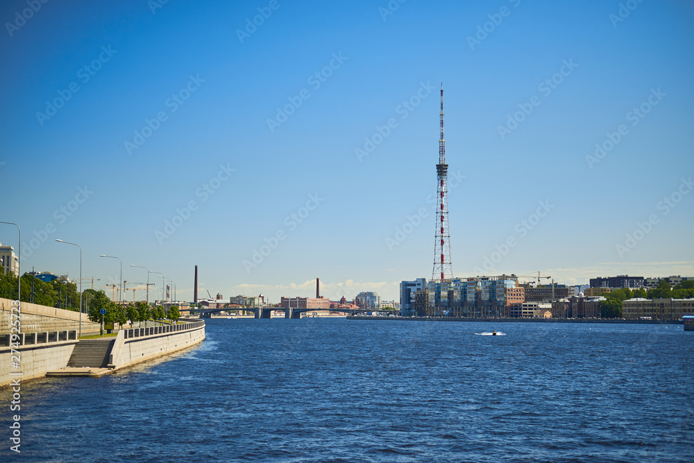 Horizontal view on tv tower and Neva river in Saint-Petersburg