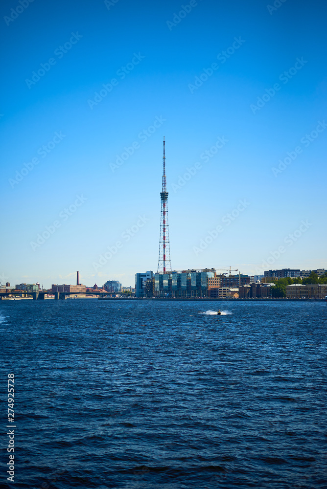 Vertical view on tv tower and Neva river in Saint-Petersburg Vertical view on tv tower and Neva river in Saint-Petersburg