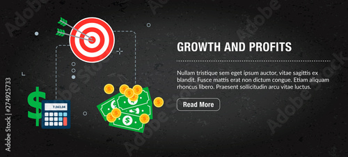 Growth and profits banner internet with icons in vector.